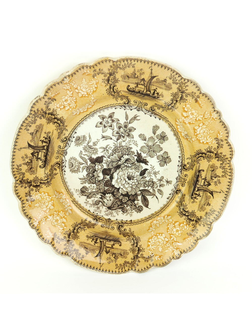 Antique John Ridgway Shiraz Bi-Color Brown Yellow Transferware Plate 1830s RARE